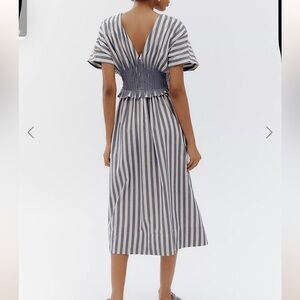 Anthropologie V-Neck Short-Sleeve Zip-Front Pleated Midi Dress Blue Stripe NEW